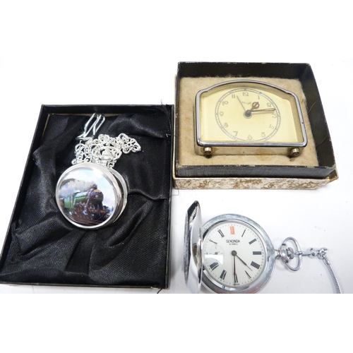 323 - Costume hunter pocket watch depicting the Flying Scotsman 'Steam of Glory' with skeleton dial, boxed... 