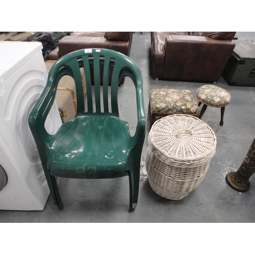 346 - Wicker laundry basket and two green stacking chairs.  (3)