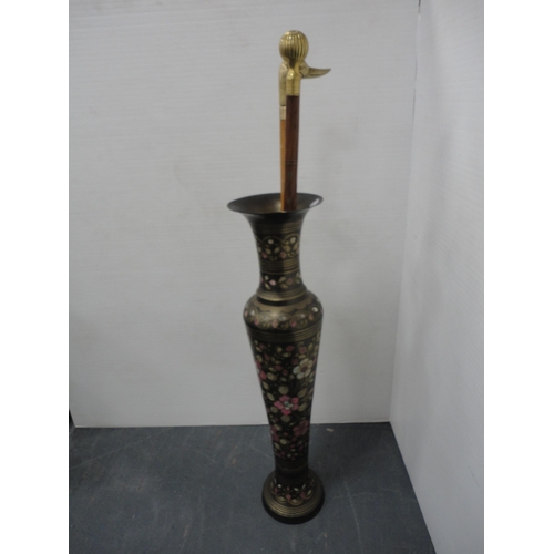 347 - Tall Indian style metal vase and two walking canes with brass heads.