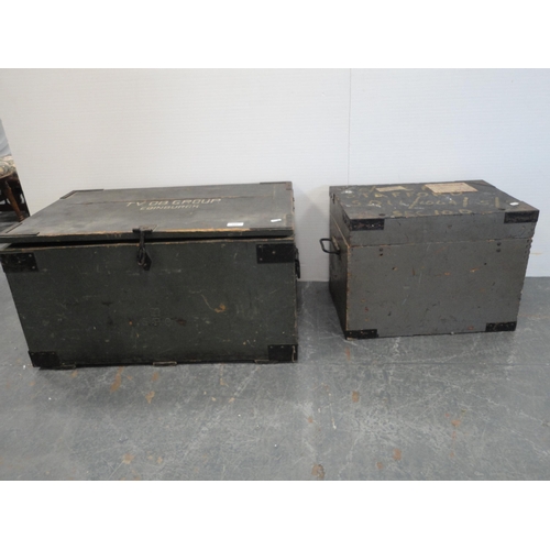 359 - Metal bound ammunitions style pine box and a similar smaller example. (2)