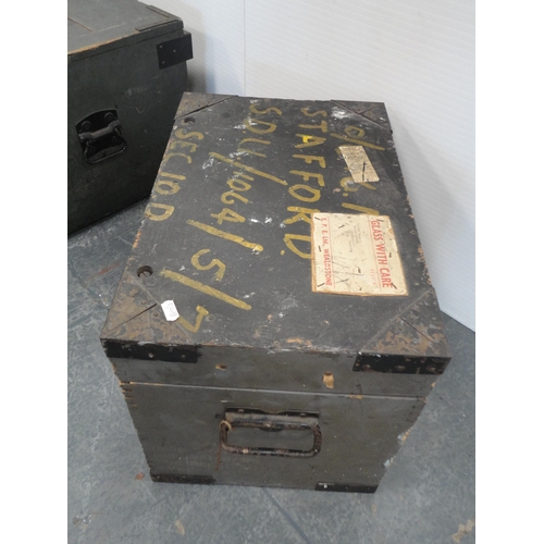 359 - Metal bound ammunitions style pine box and a similar smaller example. (2)