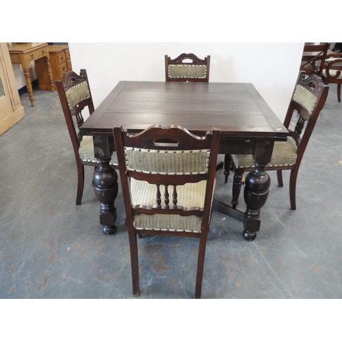 382 - Stained draw-leaf table and a set of four dining chairs. (5)