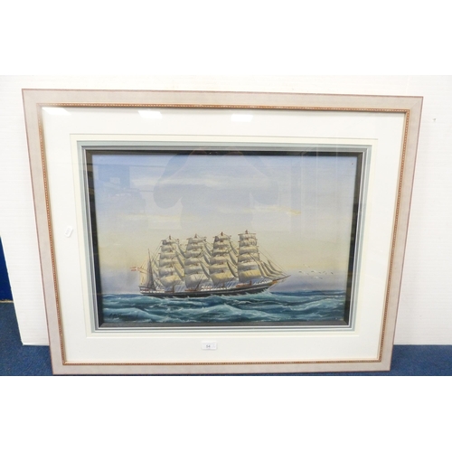 54 - Merchant sailing ship at sea, signed indistinctly, oil, and a similar print, 'Golden West', depictin... 