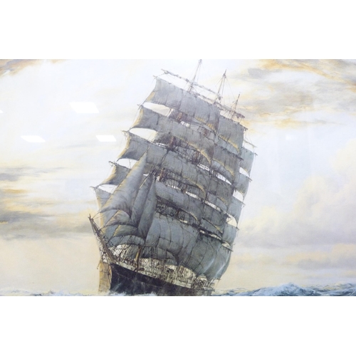 54 - Merchant sailing ship at sea, signed indistinctly, oil, and a similar print, 'Golden West', depictin... 