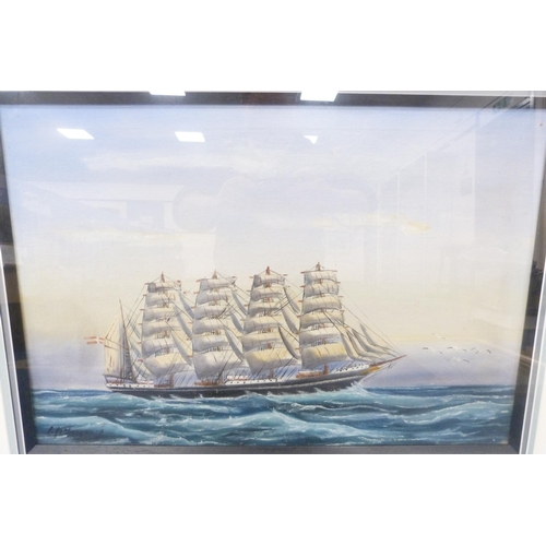 54 - Merchant sailing ship at sea, signed indistinctly, oil, and a similar print, 'Golden West', depictin... 