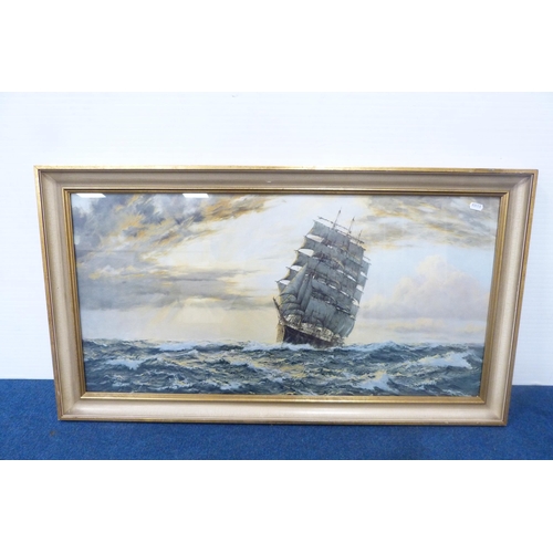 54 - Merchant sailing ship at sea, signed indistinctly, oil, and a similar print, 'Golden West', depictin... 