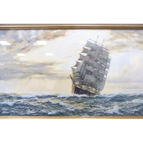 54 - Merchant sailing ship at sea, signed indistinctly, oil, and a similar print, 'Golden West', depictin... 