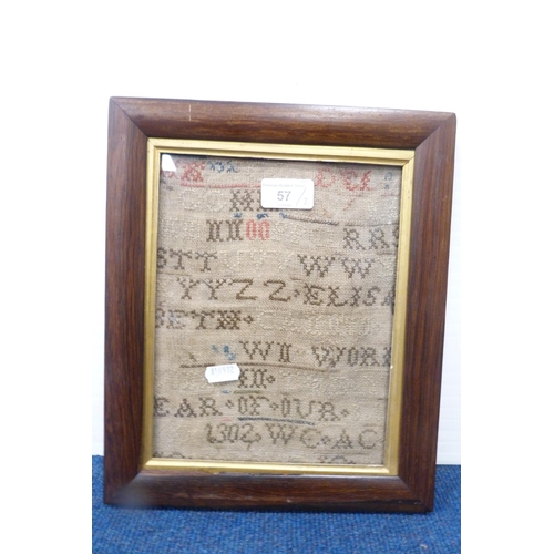 57 - 19th century sampler (worn) in a rosewood frame, and another needlepoint picture.  (2)