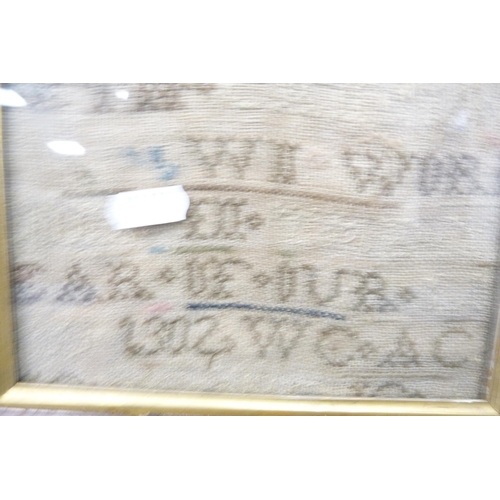 57 - 19th century sampler (worn) in a rosewood frame, and another needlepoint picture.  (2)