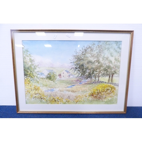 59 - Group of pictures to include a watercolour of a lake scene, watercolour by D Thorburn of a village s... 