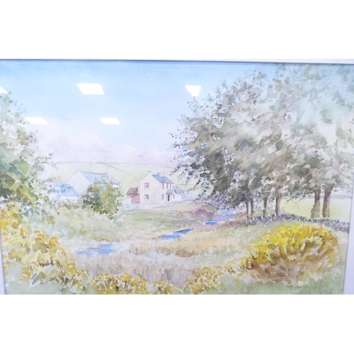 59 - Group of pictures to include a watercolour of a lake scene, watercolour by D Thorburn of a village s... 