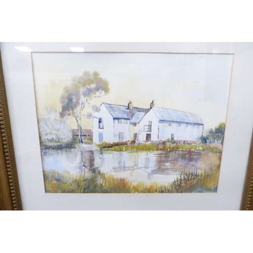 59 - Group of pictures to include a watercolour of a lake scene, watercolour by D Thorburn of a village s... 