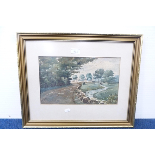 59 - Group of pictures to include a watercolour of a lake scene, watercolour by D Thorburn of a village s... 