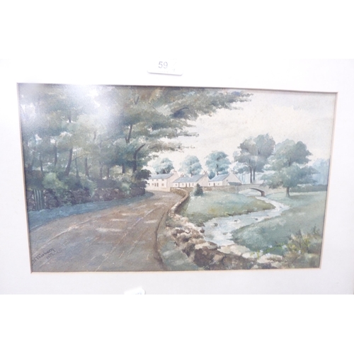 59 - Group of pictures to include a watercolour of a lake scene, watercolour by D Thorburn of a village s... 