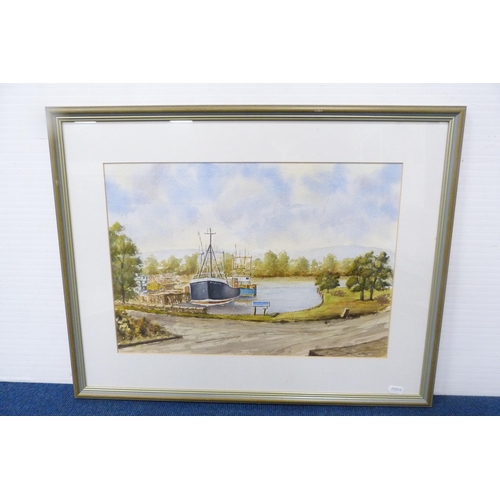 59 - Group of pictures to include a watercolour of a lake scene, watercolour by D Thorburn of a village s... 