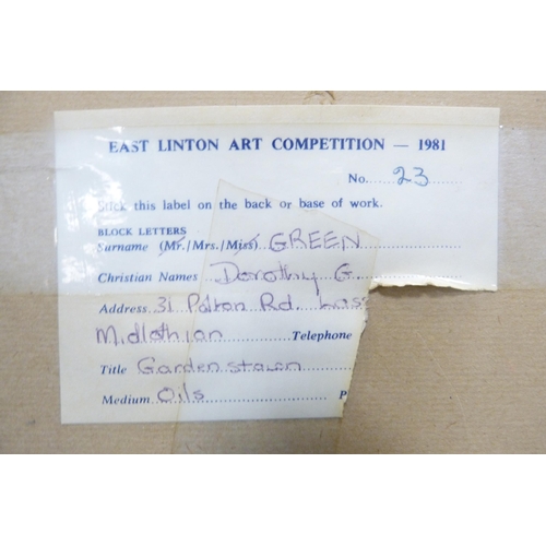 67 - Dorothy G GreenGardenstownOil on board, label verso for East Linton Art Competition 1981.... 