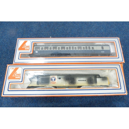 7 - Carton containing four Lima 00 gauge coaches, Lima locomotives, boxed Mainline Railways BGLMS maroon... 