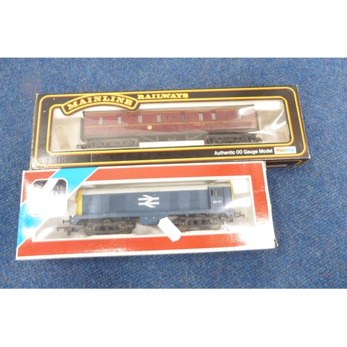 7 - Carton containing four Lima 00 gauge coaches, Lima locomotives, boxed Mainline Railways BGLMS maroon... 