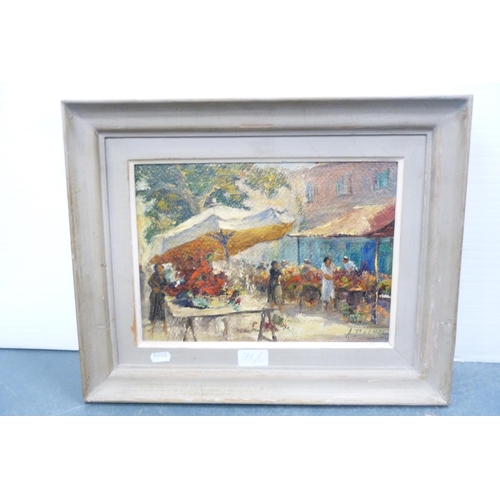 71 - Continental SchoolMarket scene with figuresSigned indistinctly, oil on board, and a continental aeri... 