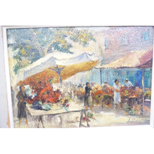 71 - Continental SchoolMarket scene with figuresSigned indistinctly, oil on board, and a continental aeri... 