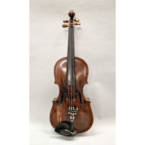 45 - Andrew A Webster of Leith violin with bow and case, mother of pearl inlay to tailpiece, body measure... 