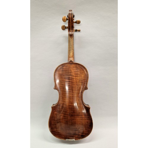 45 - Andrew A Webster of Leith violin with bow and case, mother of pearl inlay to tailpiece, body measure... 