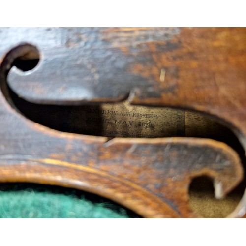 45 - Andrew A Webster of Leith violin with bow and case, mother of pearl inlay to tailpiece, body measure... 