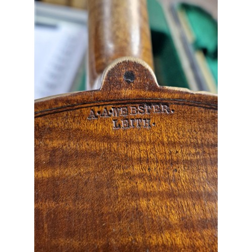 45 - Andrew A Webster of Leith violin with bow and case, mother of pearl inlay to tailpiece, body measure... 