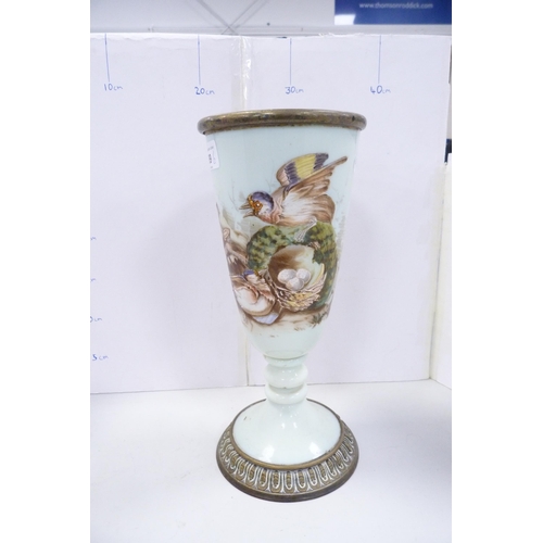 89 - Victorian opaque glass vase with gilt metal mounts and two cranberry glass vases.  (3)