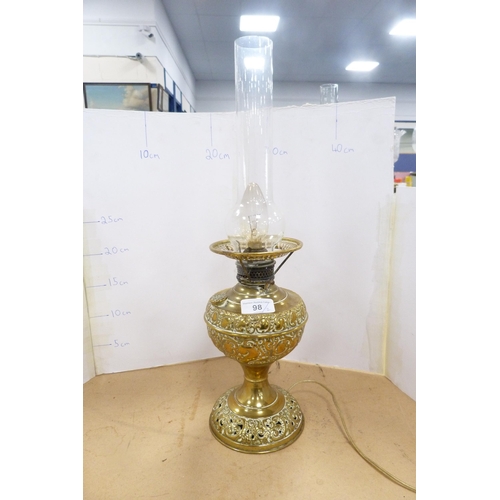 98 - Brass oil lamp with later shade and funnel and another converted oil lamp with funnel.  (2)