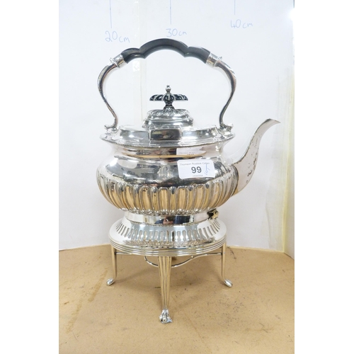 99 - Group of EP and plated ware to include early 20th century spirit kettle on stand, toast rack, shell-... 