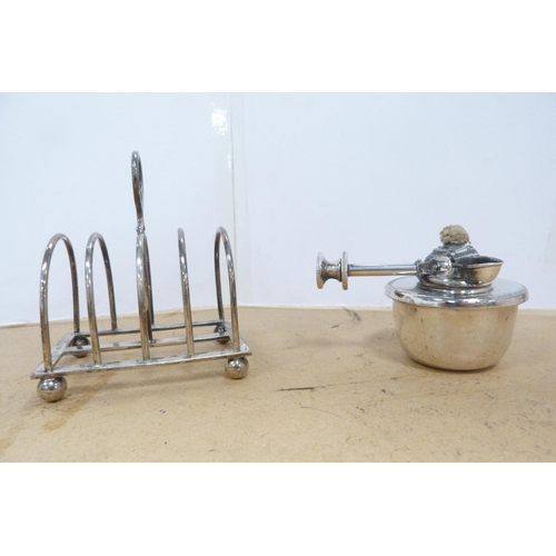 99 - Group of EP and plated ware to include early 20th century spirit kettle on stand, toast rack, shell-... 