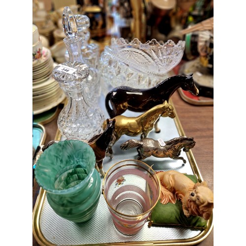 346 - Three glass decanters, three fruit bowls, model horses, Capodimonte spaniel, etc.