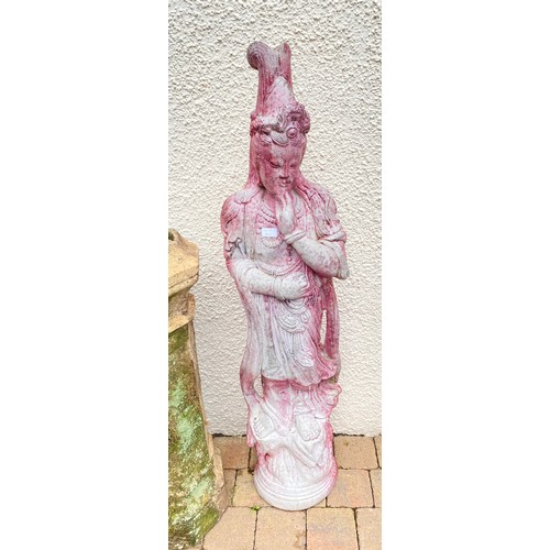 682 - Composite garden statue of an Asian deity, 137cm