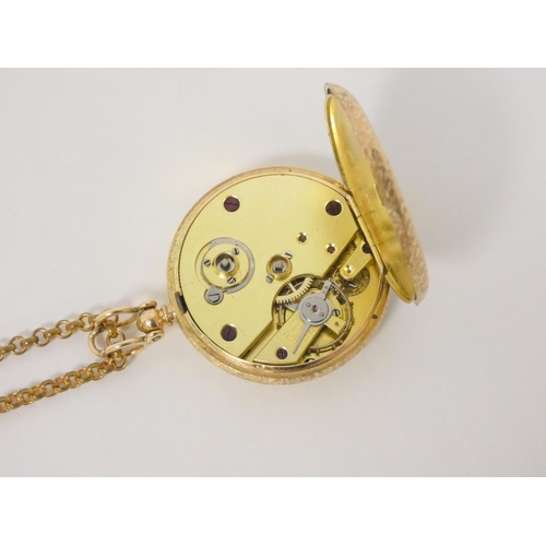 26 - 19th century Geneva lever watch in engraved '14ct' case, on metal necklet.