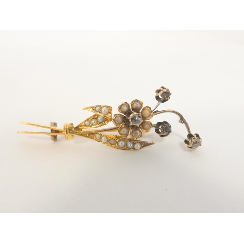 32 -  Victorian gold spray brooch with pearls and rose cut diamonds, probably 15ct. 4g. 