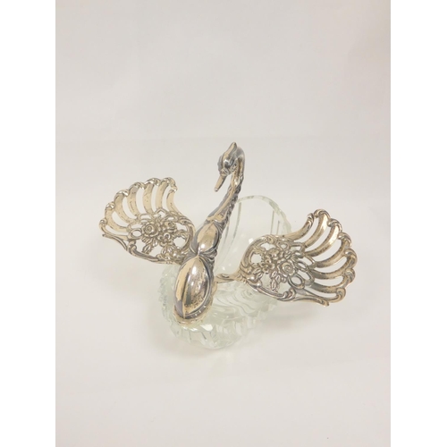 9 - Cut glass sweetmeat container in the form of a swan with silver pivoting wings, neck and head, impac... 