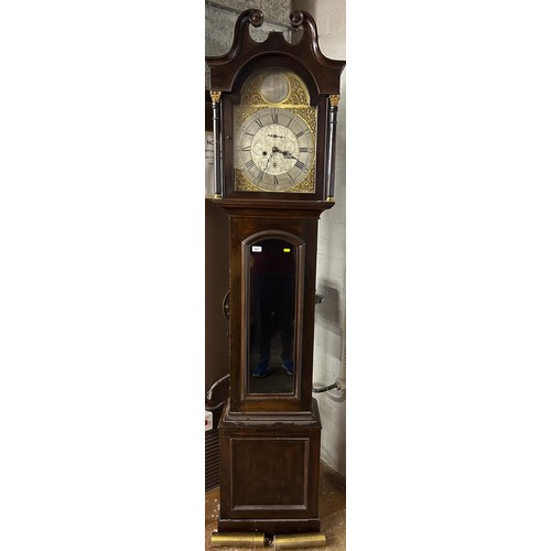 565 - Mahogany longcase clock by Kilmarnock maker with ornate brass dial and Corinthian column detail, app... 