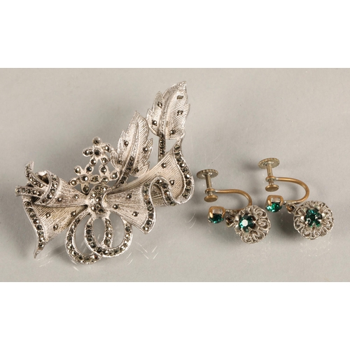 102 - Vintage silver brooch set with marcasite, and a pair of vintage screw on earrings