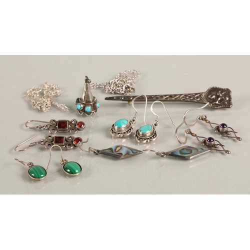 109 - Scottish silver pin with knot and lion detail, vintage silver gem set earrings, and turquoise set wh... 