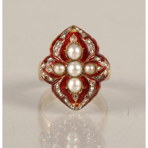 119 - Gold ring with worn hallmarks, red enamelled quatrefoil design set with diamonds and pearls, 12.9g, ... 