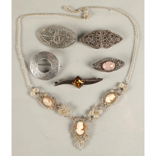 123 - Silver and white metal jewellery to include brooches, necklace, Scottish design, gem set, etc