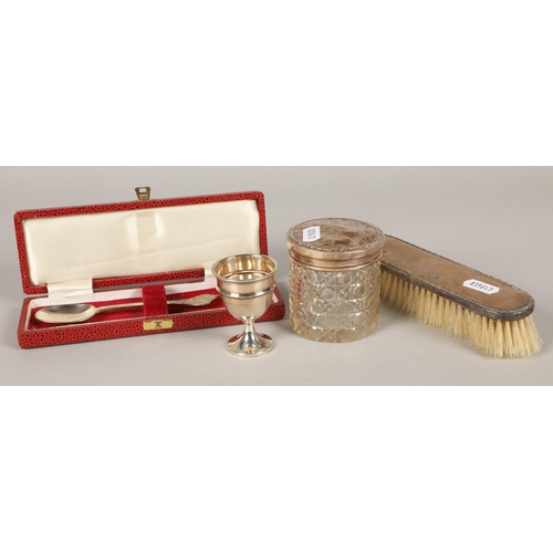 205 - Charles II reproduction trifid laceback silver spoon in case, cut glass silver lidded dressing table... 