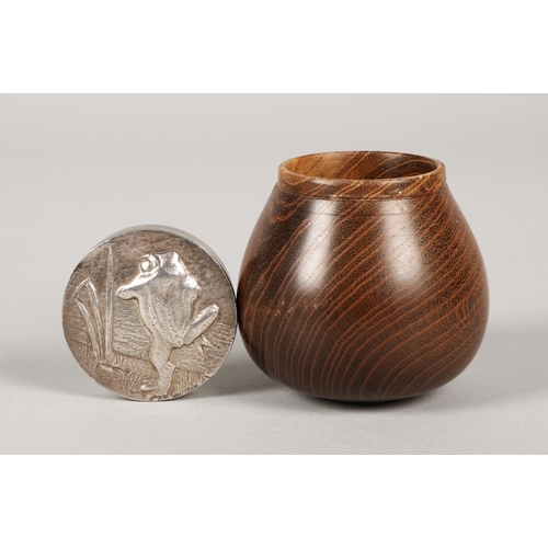 208 - Stella Campion, white metal lidded laburnum wood pot with frog design 