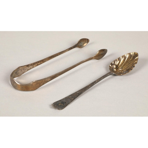 209 - Silver spoon and sugar tongs hallmarked illegibly, 39g