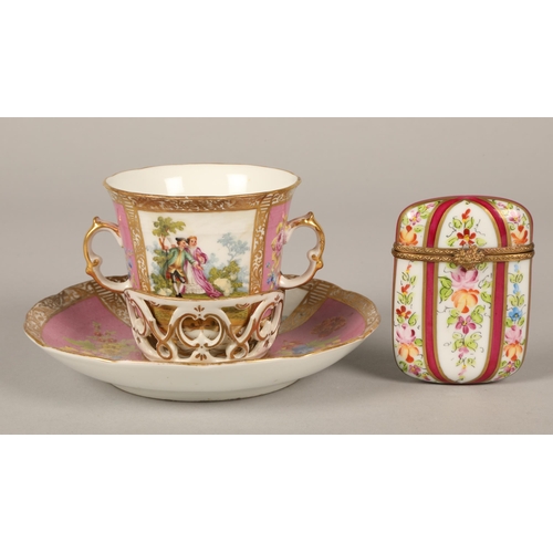 232 - Continental hand painted loving cup and saucer, and porcelain vesta case