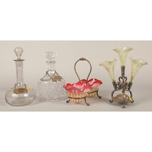 253 - Epns triple branch epergne with Vaseline glass flutes (one missing), cranberry glass preserve dishes... 