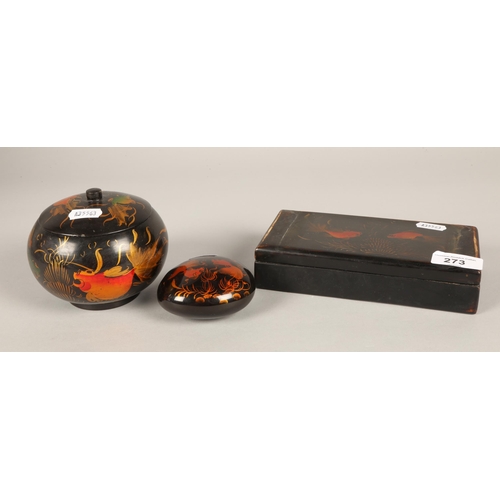 273 - Oriental lacquered box, jar & paperweight with goldfish design