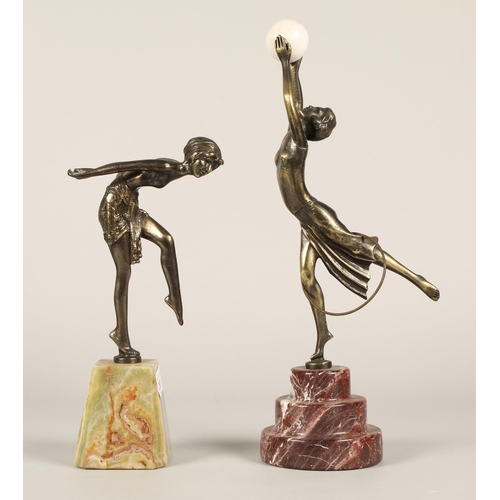 280 - Two bronzed reproduction art deco style figures on marbled  bases (2)