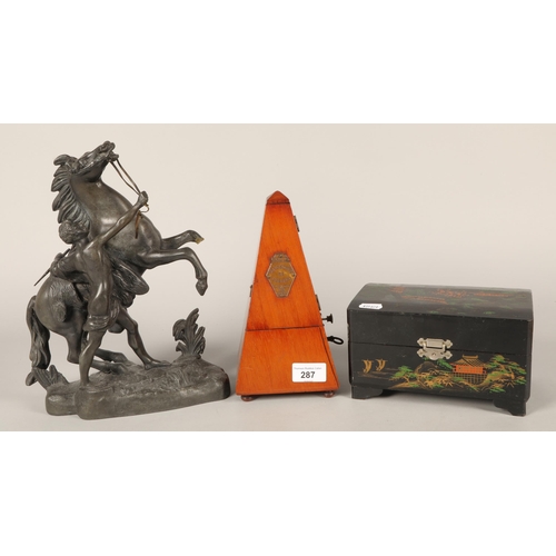 287 - Bronzed classical horse figure, Oriental lacquered box & a Metronome.